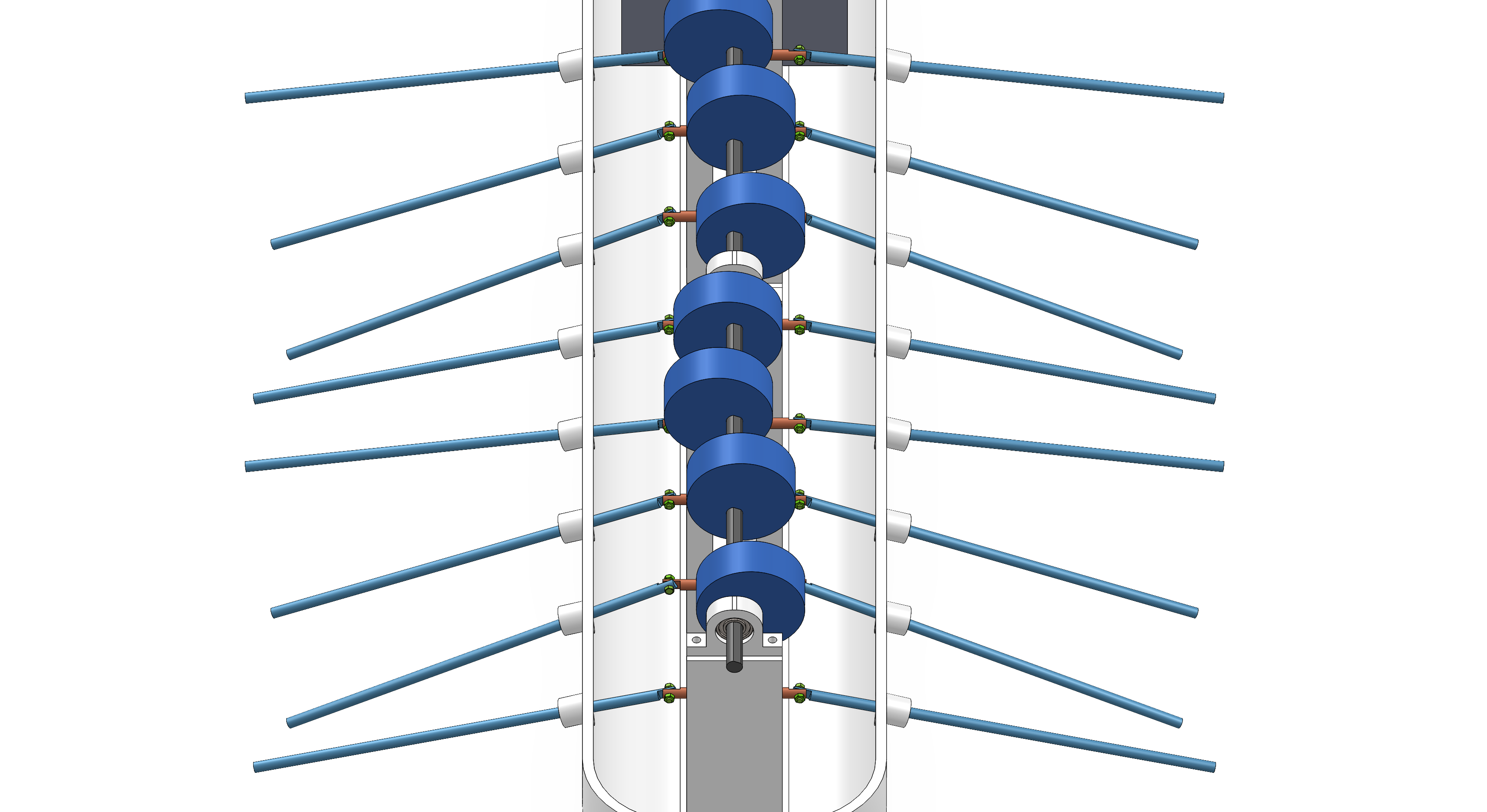 Top-down view of the camshaft with cam lobes and fin rods radiating outward.