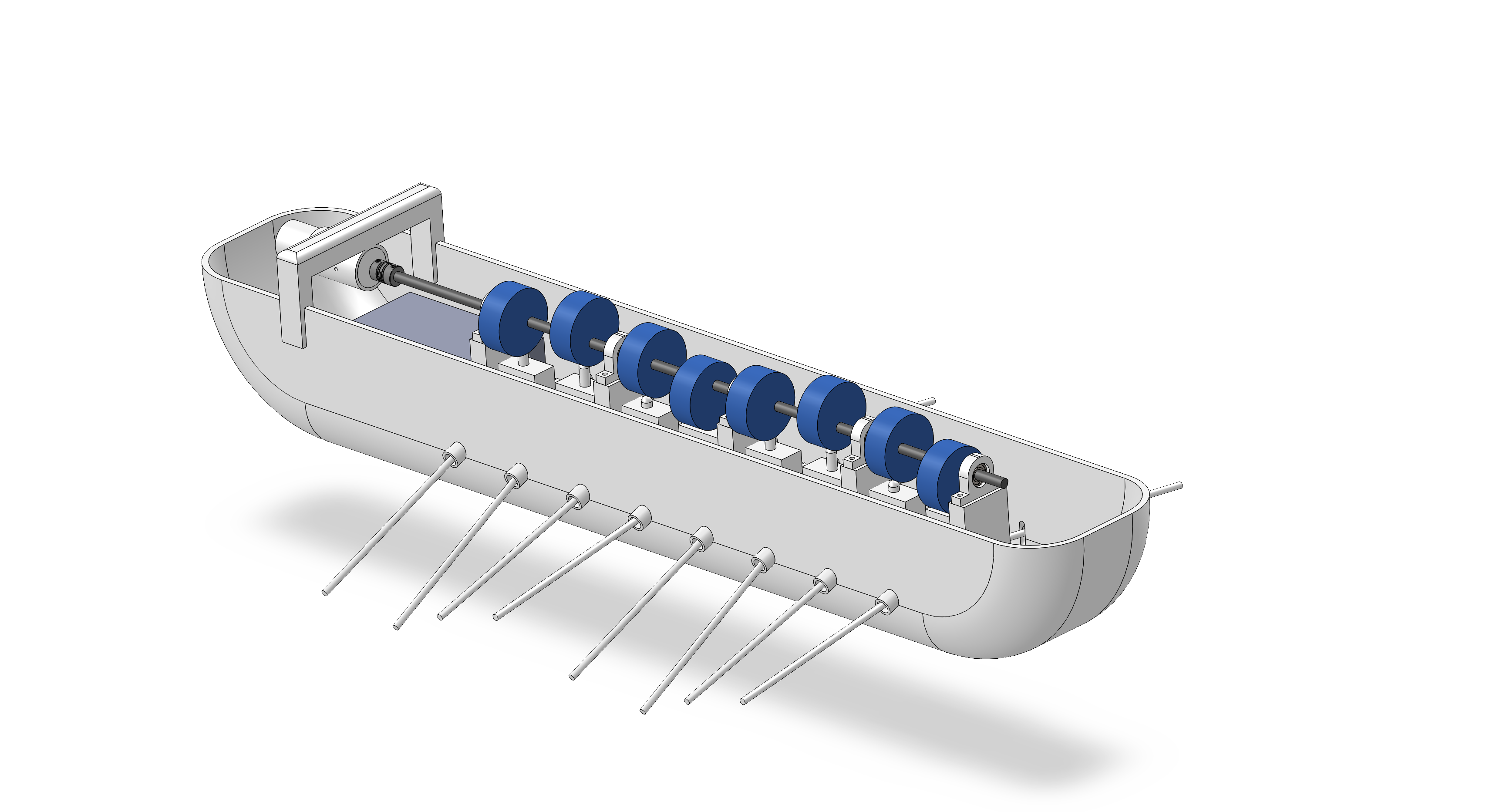 Isometric view of the camshaft assembly inside the hull driving the fin rods.