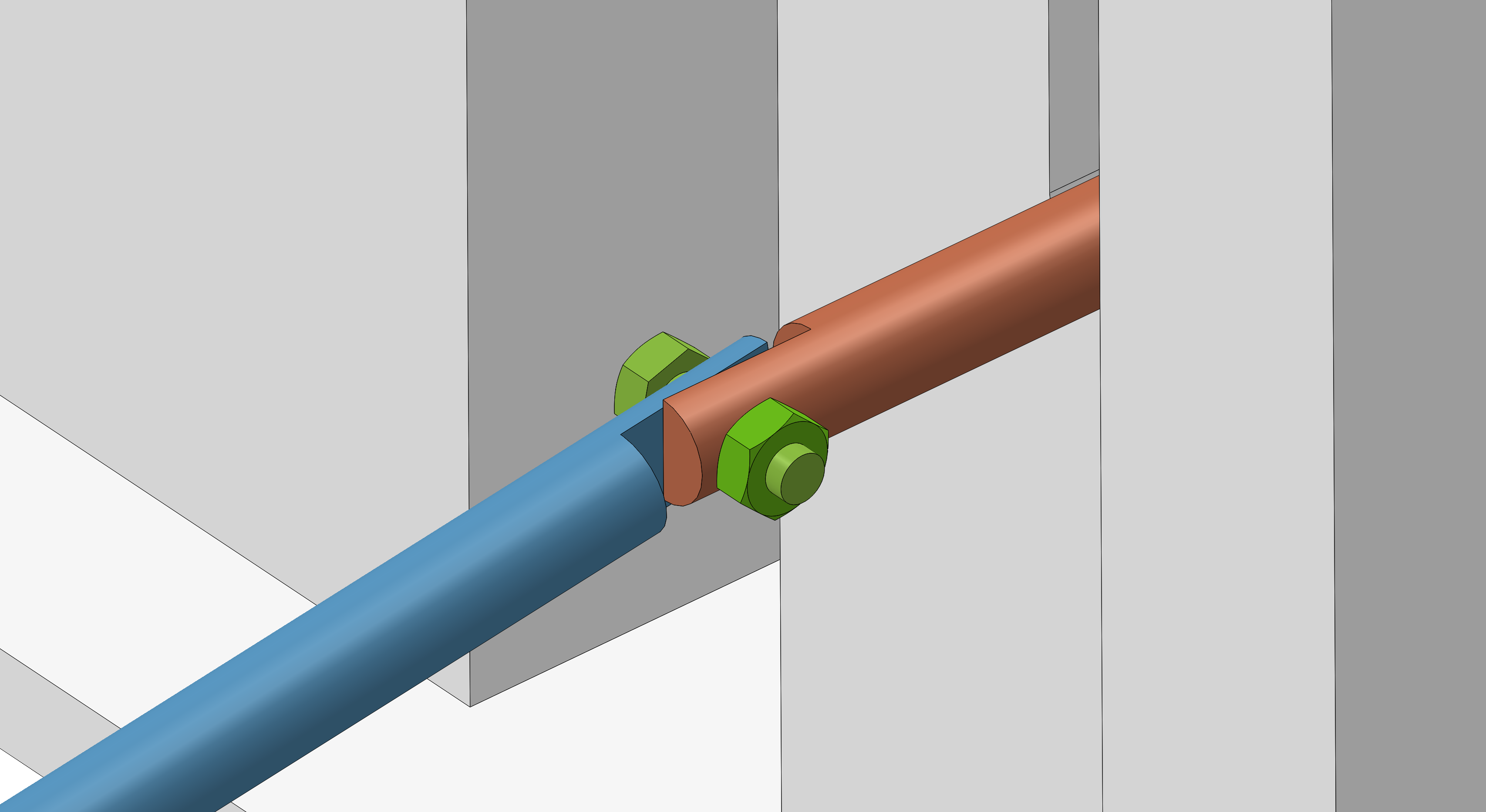 Halved pivot joint connecting the fin rod to the follower with a single bolt and nut.