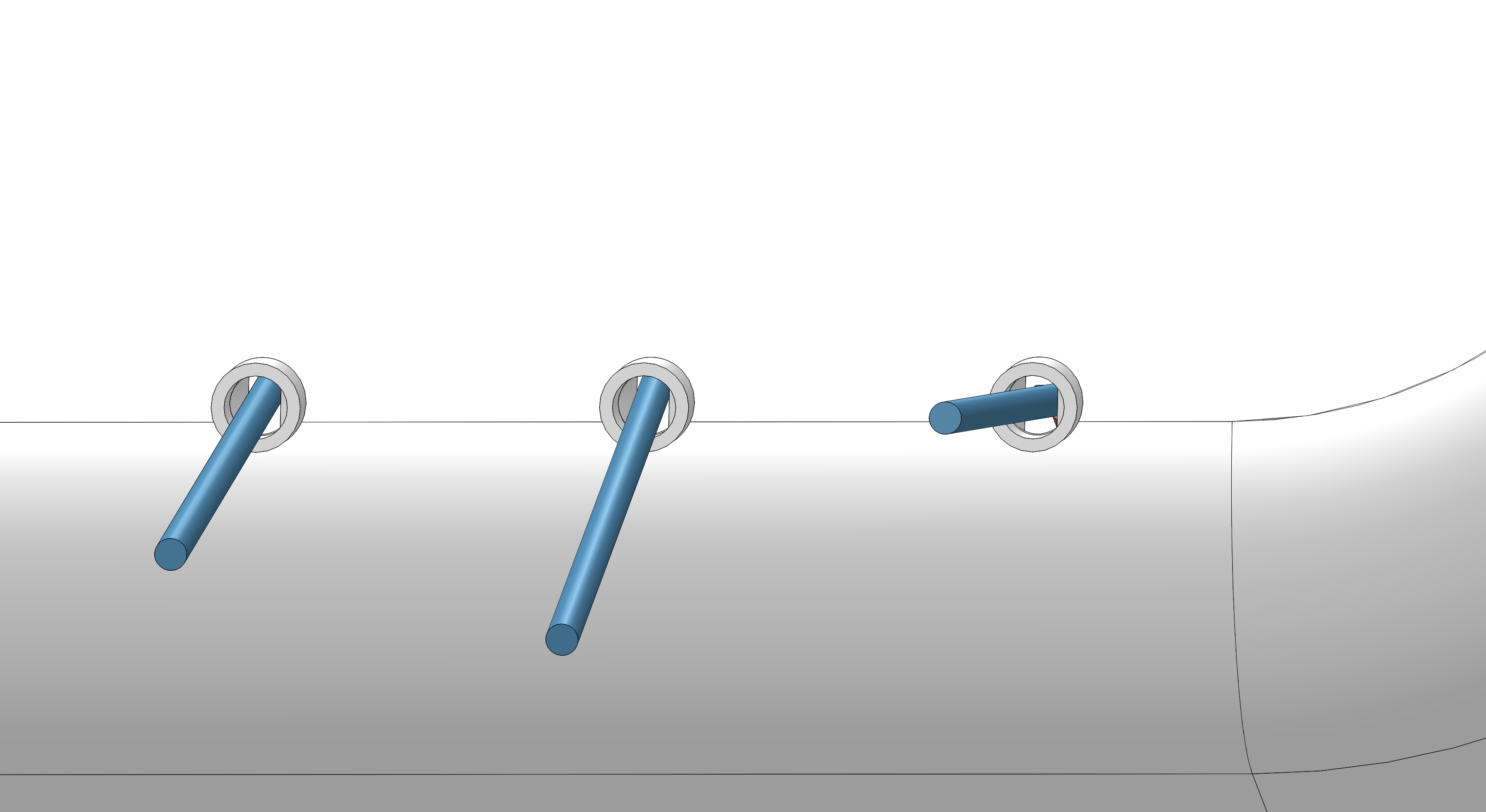 Fin rods pivoting through slotted holes at the hull/water interface.